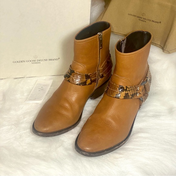 Golden Goose Bretagne Brown Leather Snakeskin Ankle Boots ~Western Moto Boots GG - Picture 16 of 16